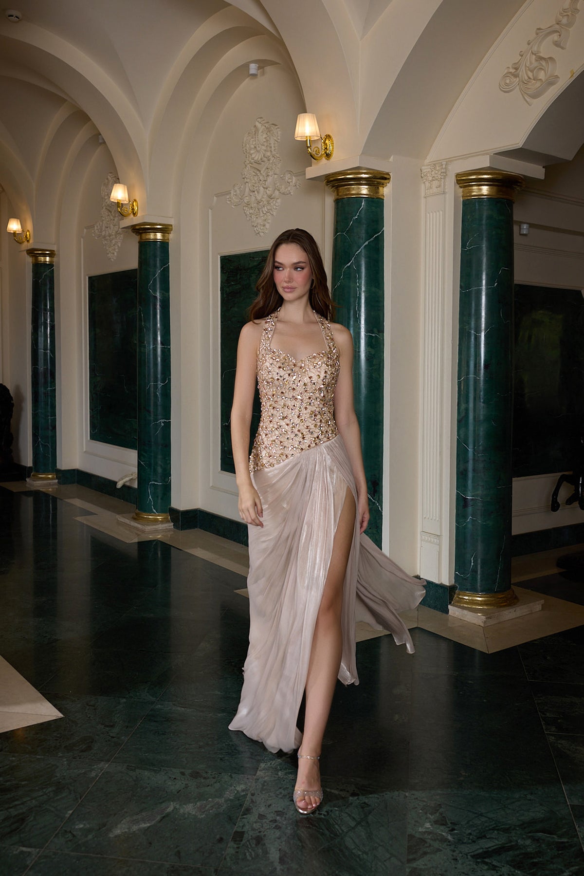 Elodie Crystal Embellished Draped Evening Gown