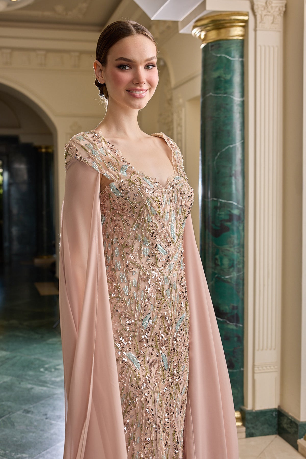 Lavinia Sequin Embellished Cape Evening Gown
