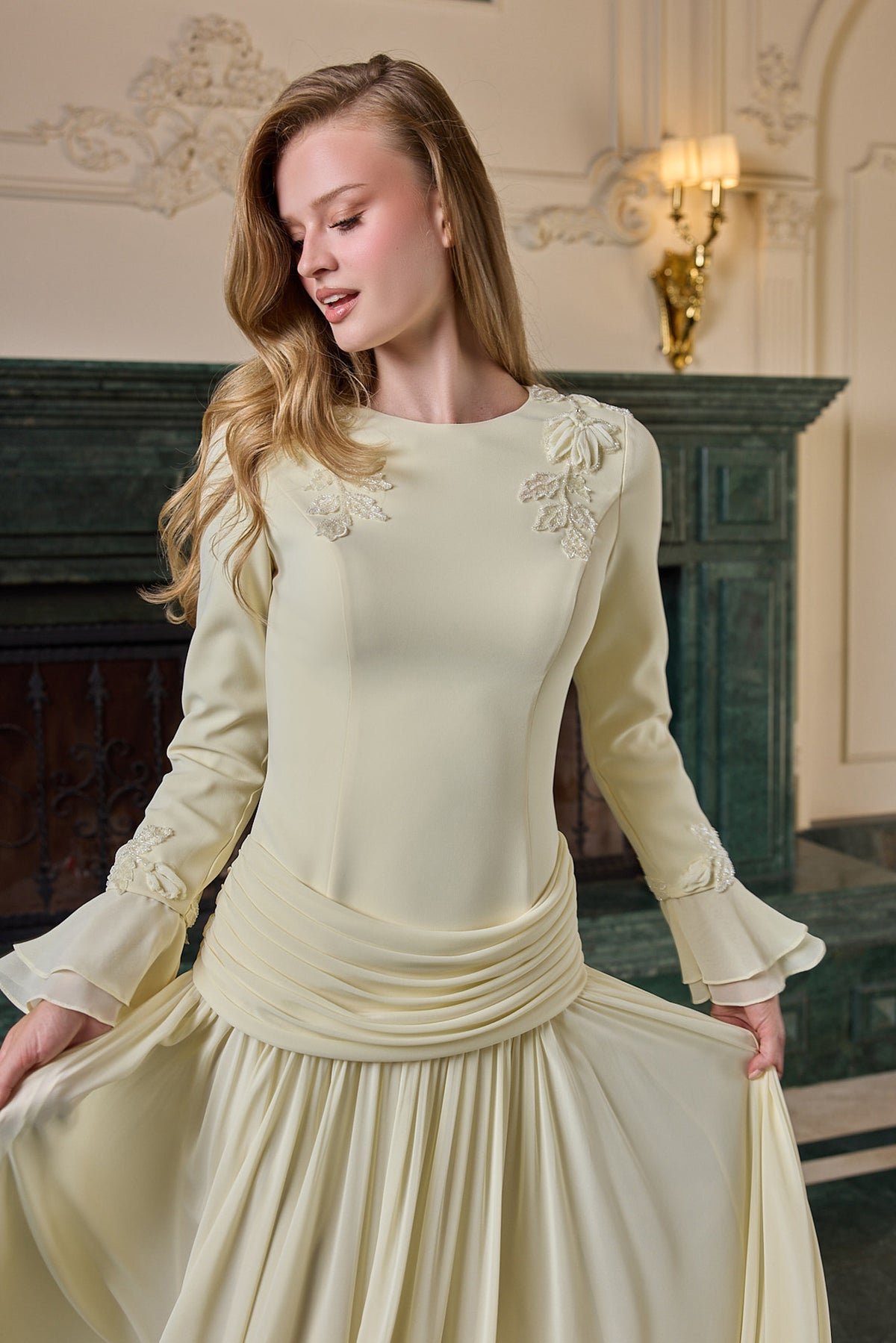 Emmeline Draped Long Sleeve Evening Gown