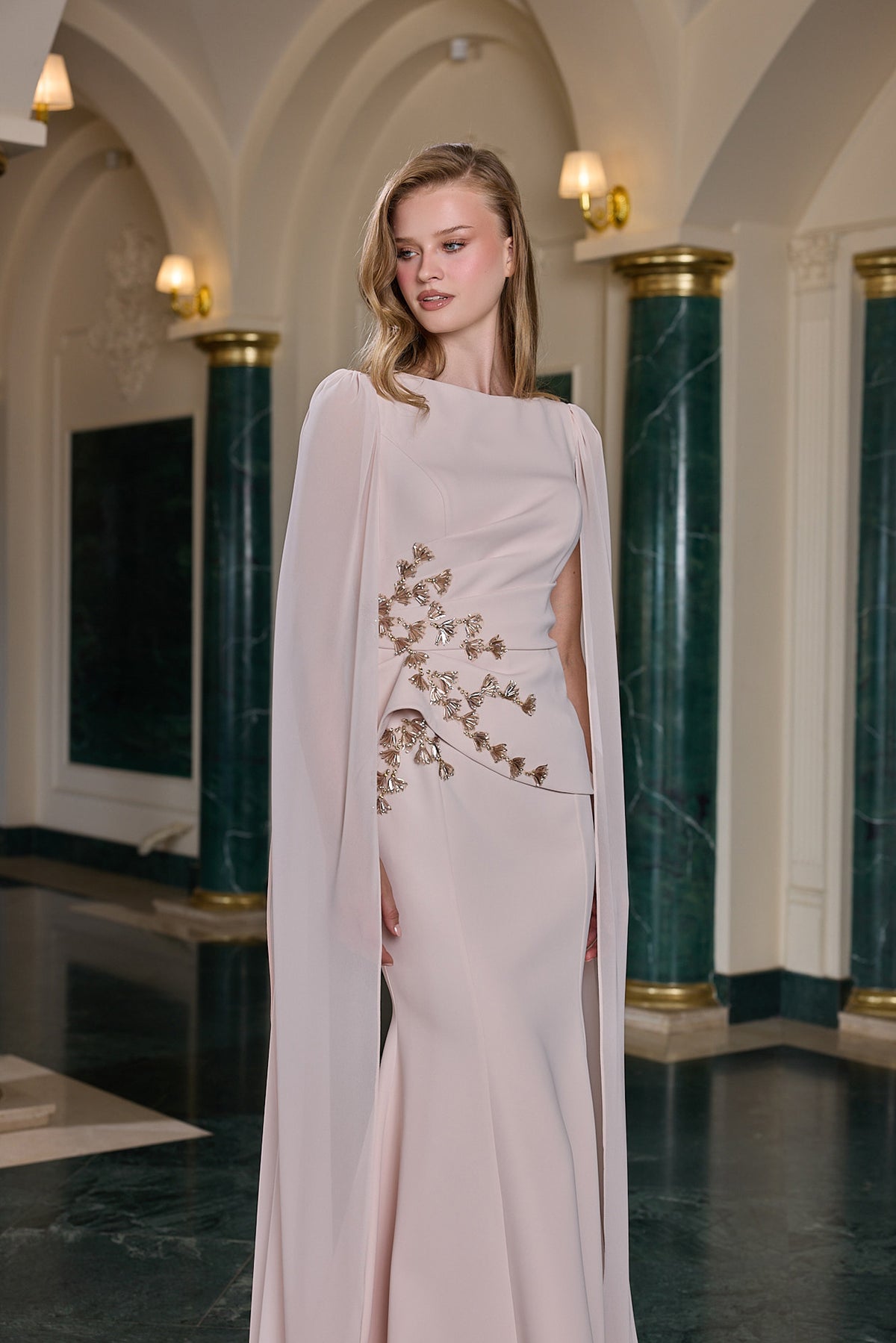 Delara Floral Embellished Cape Evening Gown