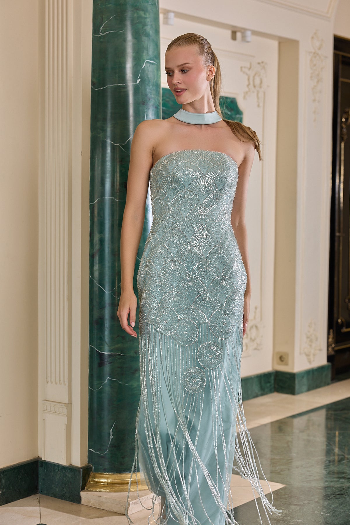Paloma Embellished Fringe Strapless Evening Gown