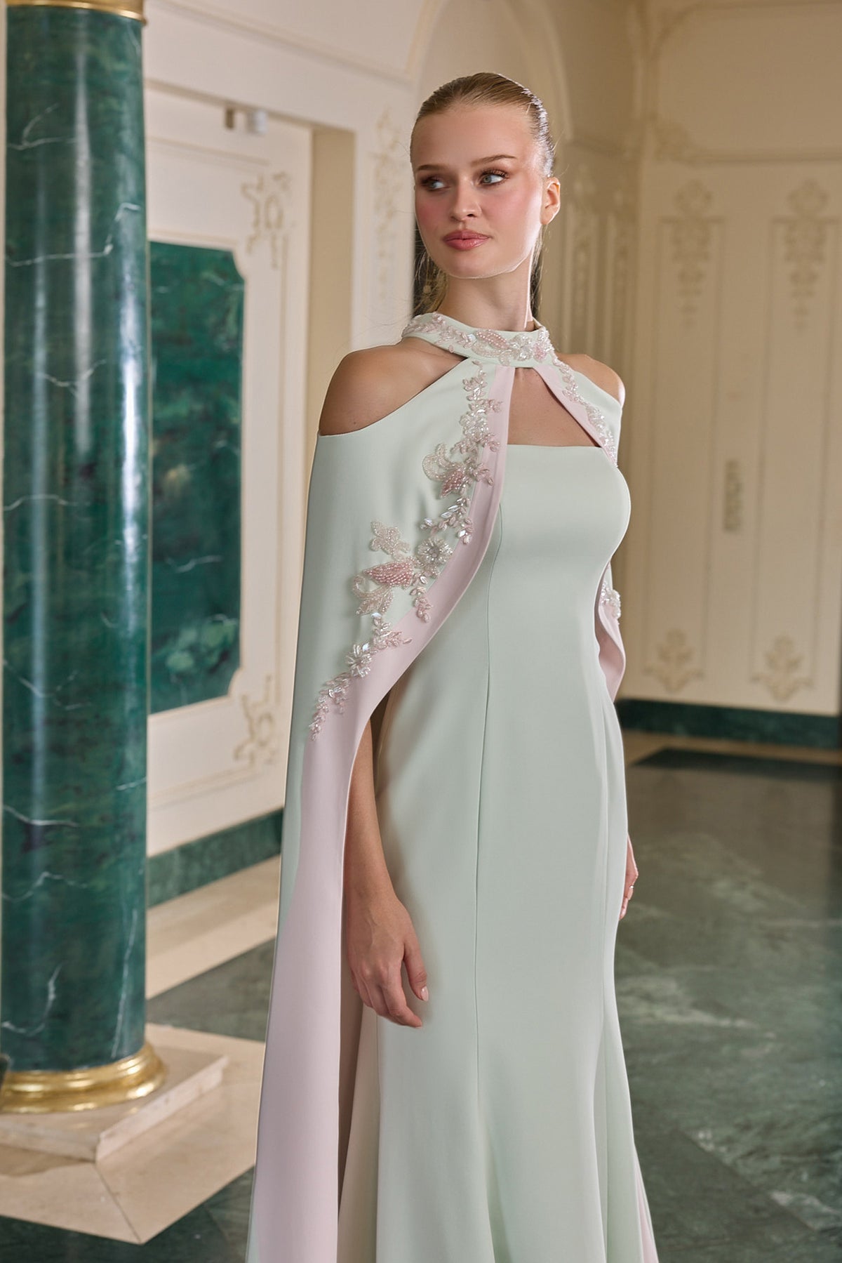 Marcel Floral Embellished Cape Evening Gown