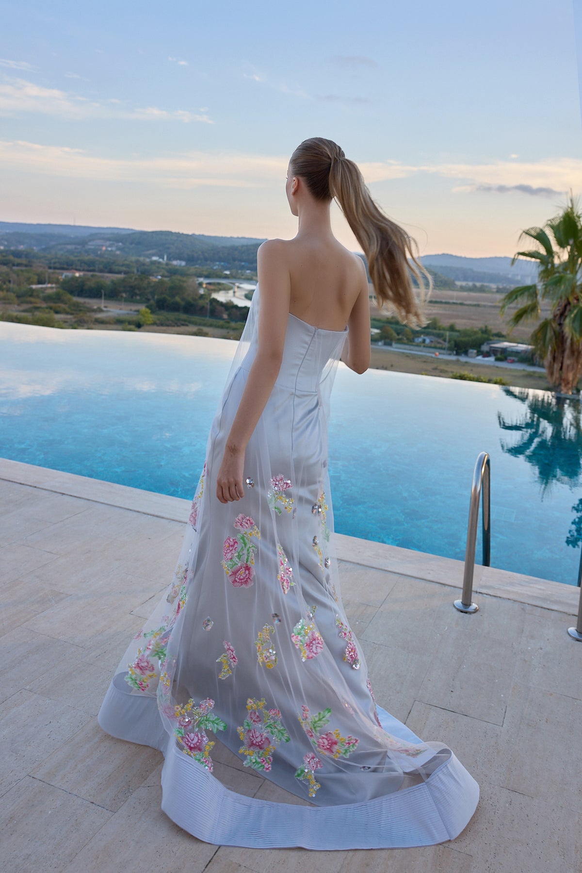 Camille Floral Embellished Strapless Evening Gown