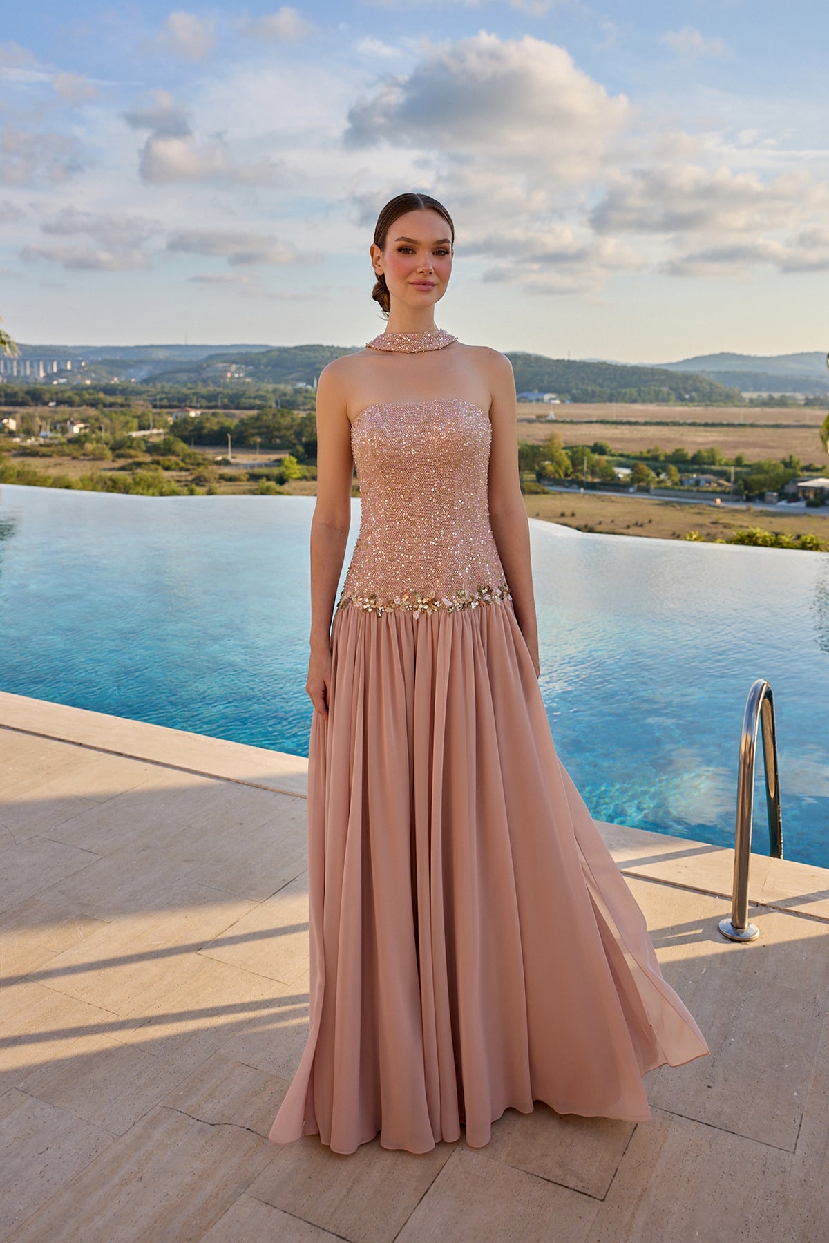 Beatrice Crystal Embellished Strapless Evening Gown