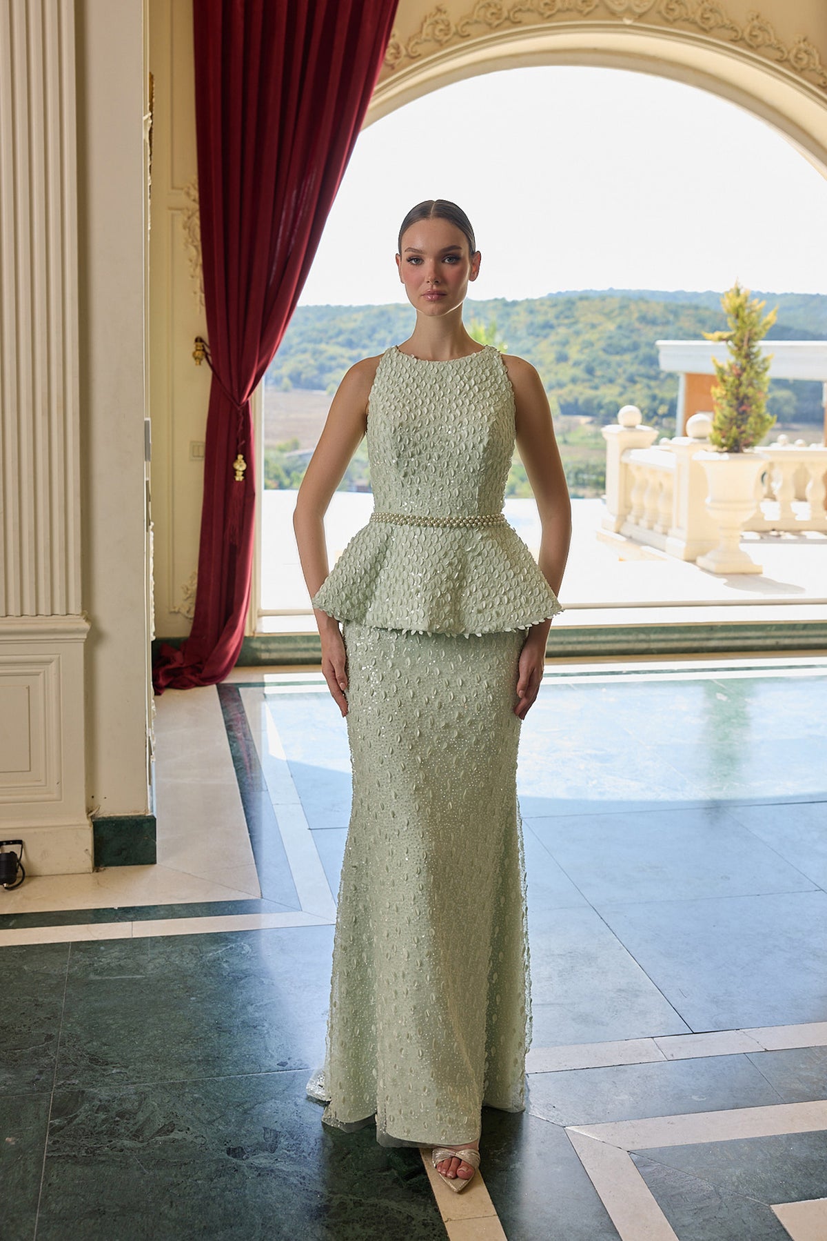Margaux Embellished Peplum Evening Gown