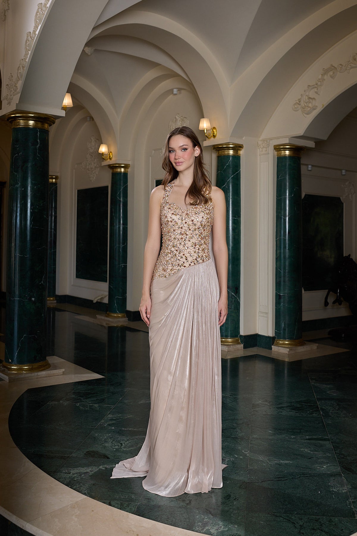 Elodie Crystal Embellished Draped Evening Gown