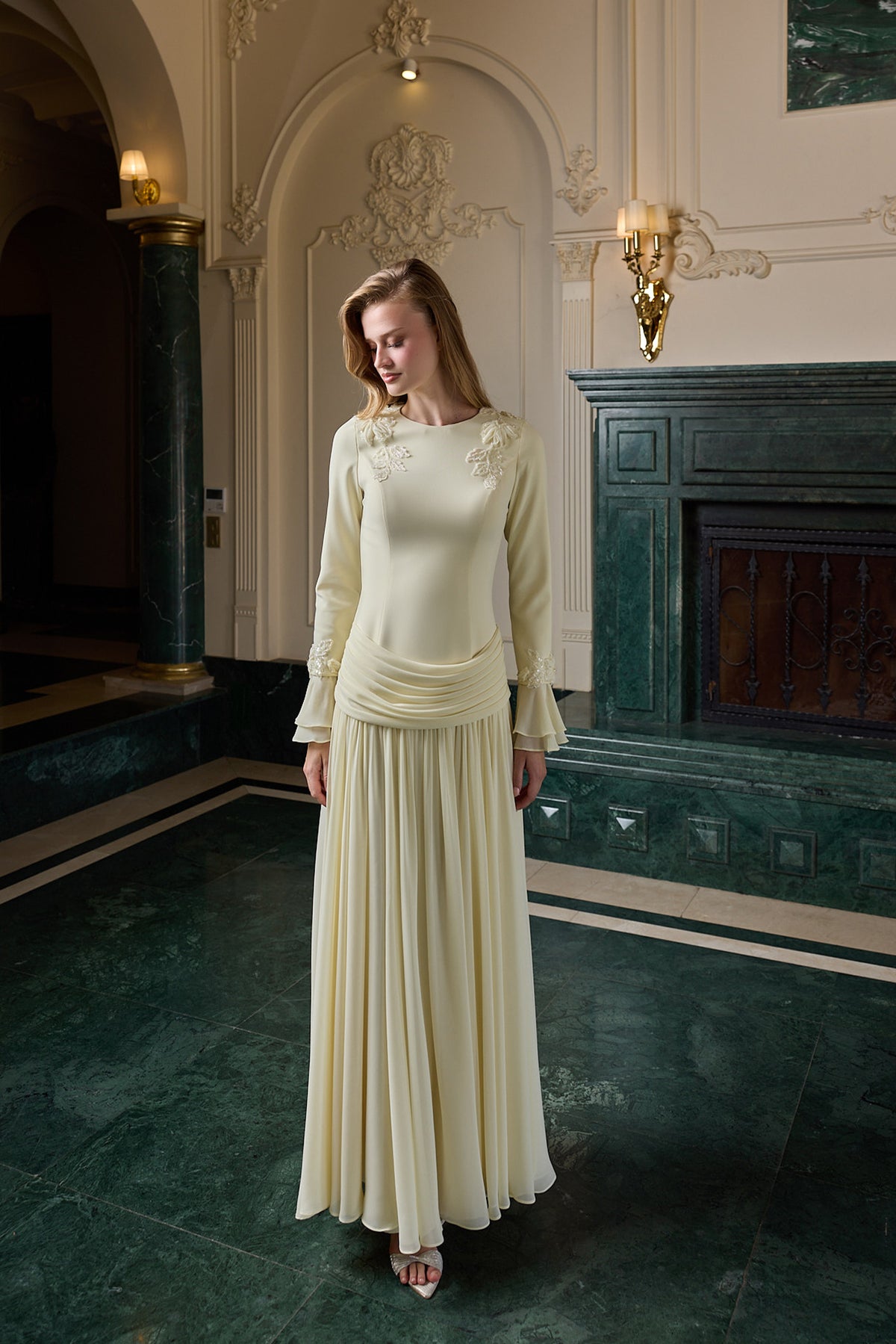 Emmeline Draped Long Sleeve Evening Gown