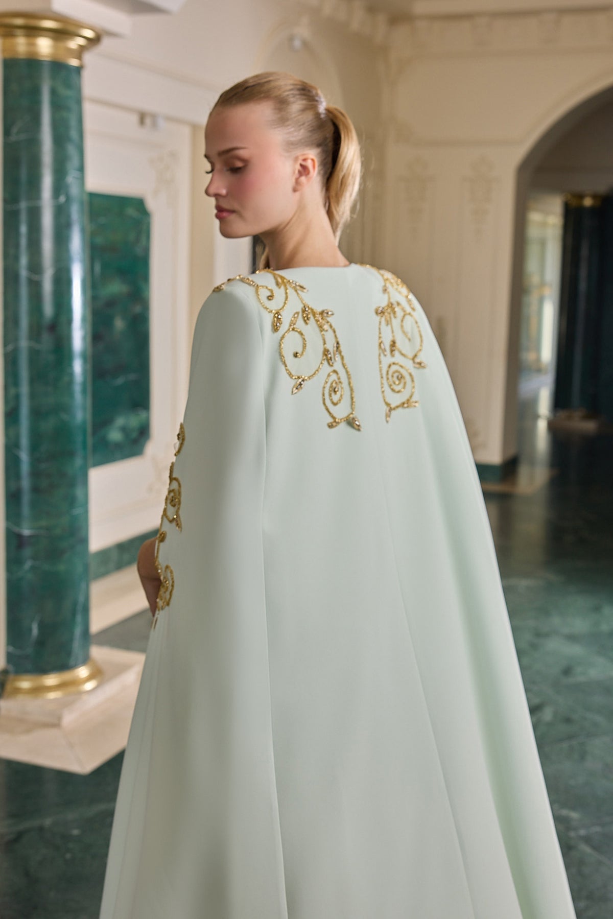 Leonie Gold Embellished Cape Evening Gown