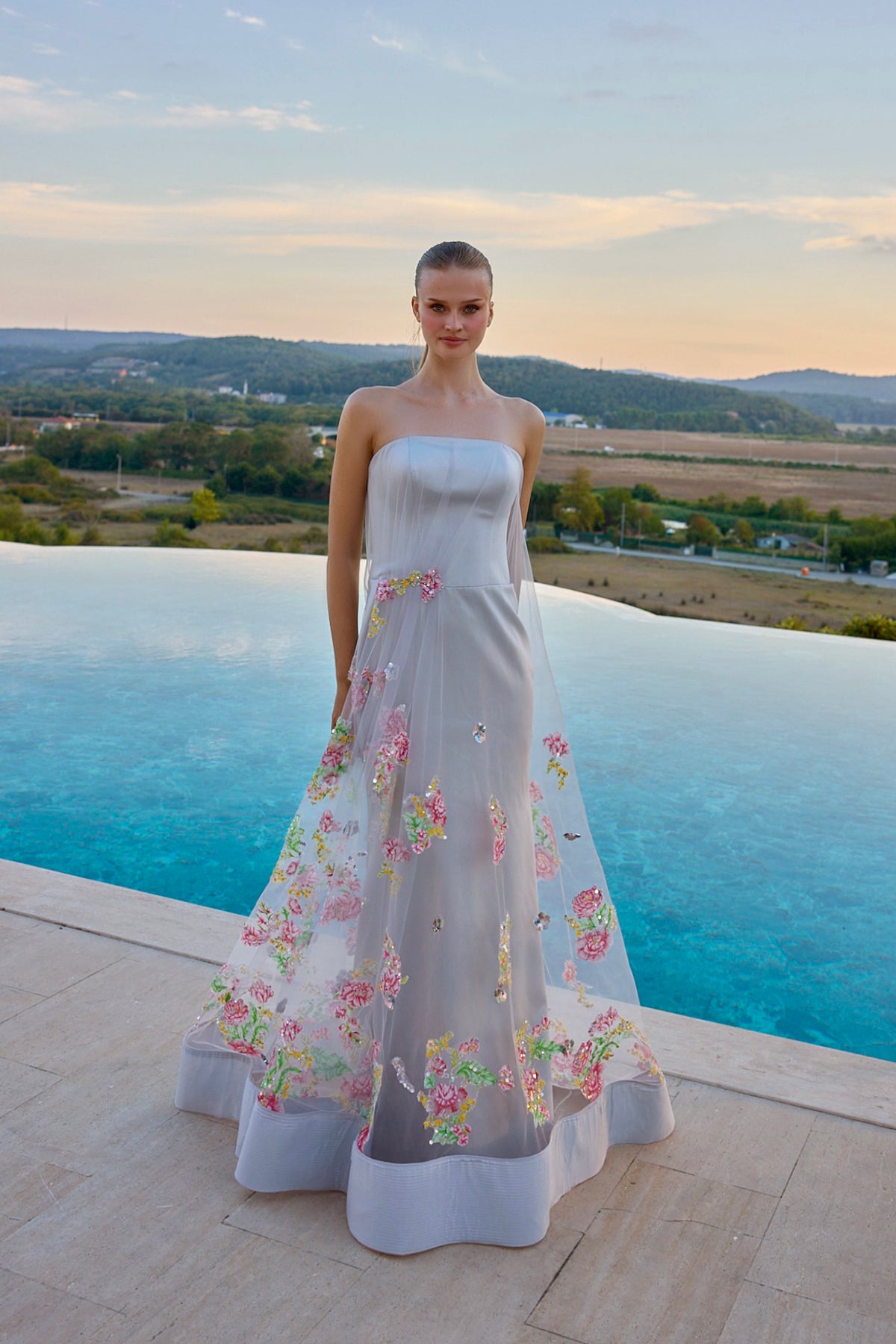 Camille Floral Embellished Strapless Evening Gown