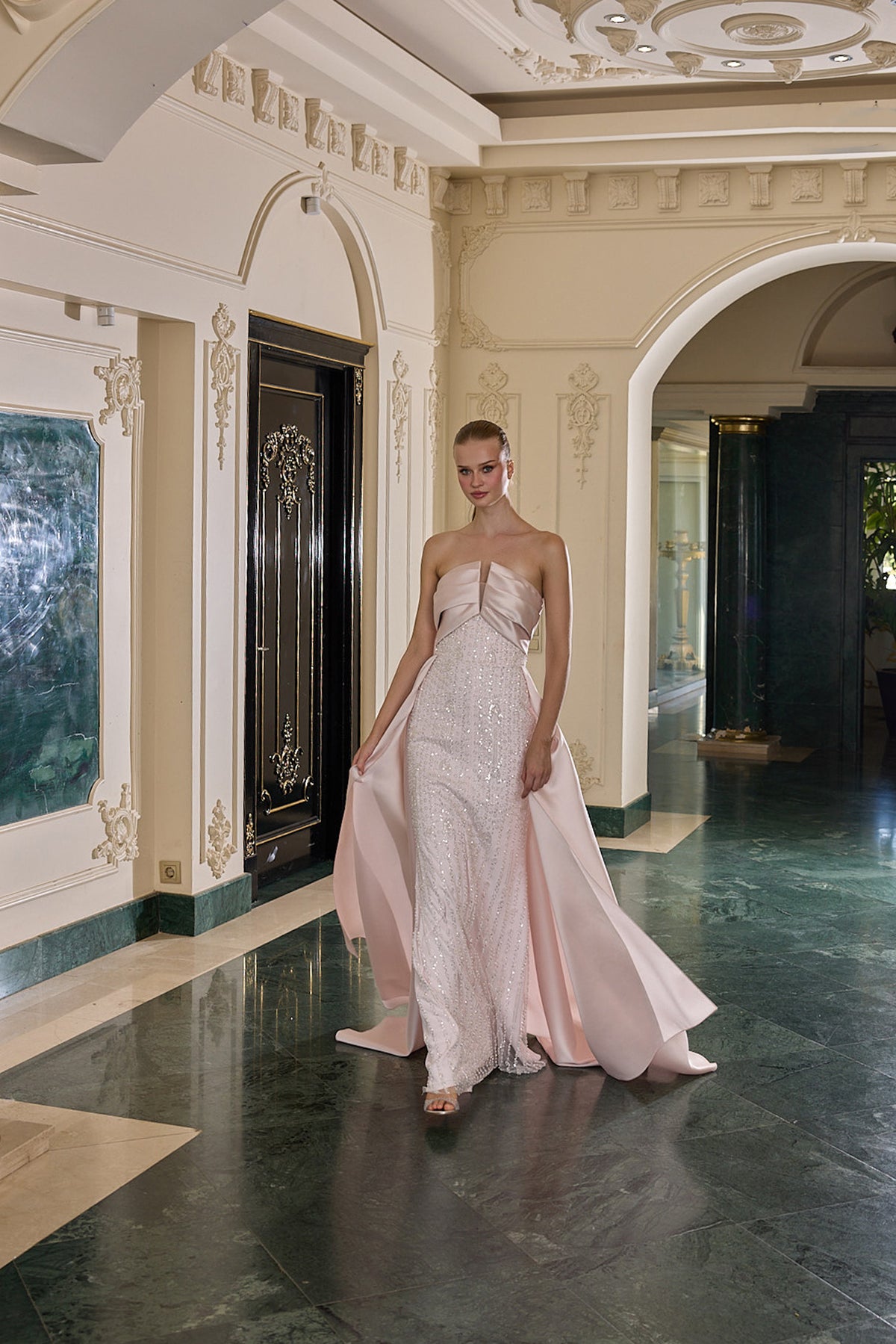 Noelle Crystal Embellished Strapless Evening Gown