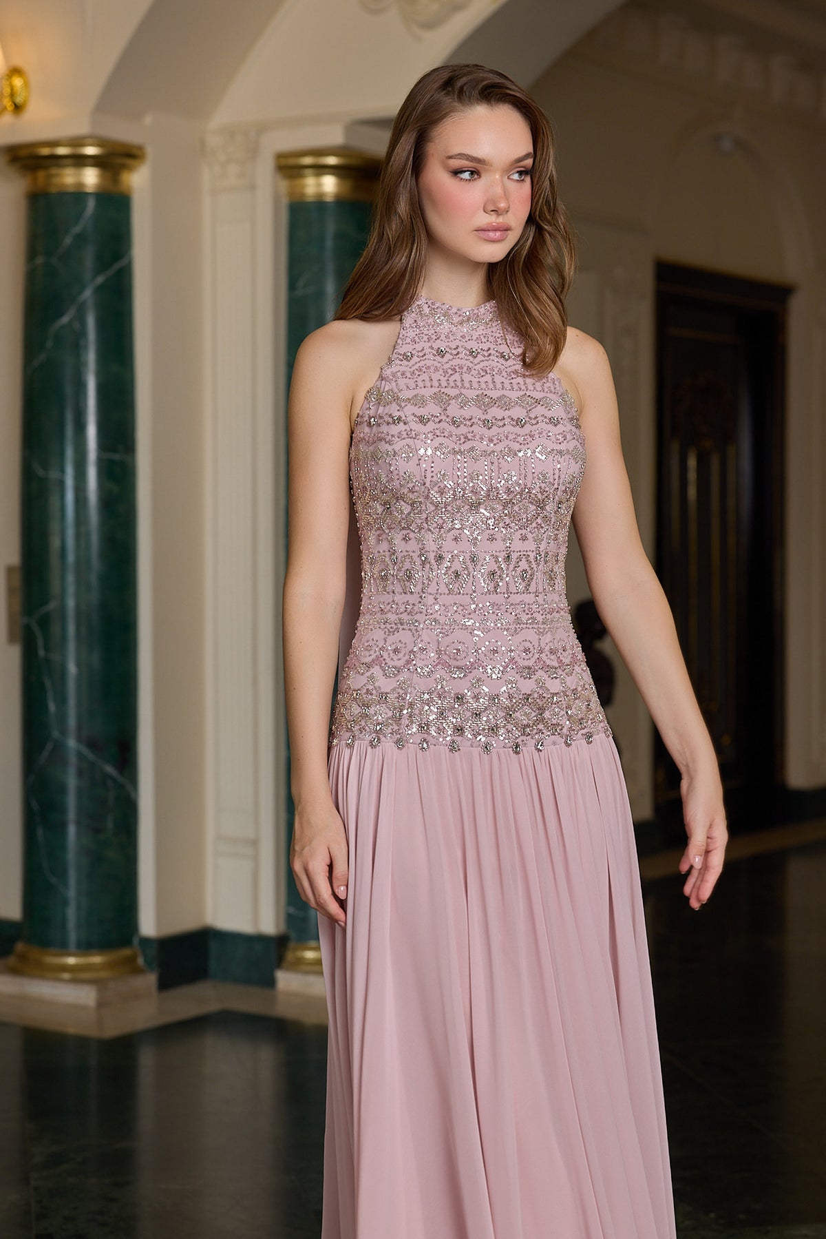 Helena Embellished Halter Neck Evening Gown