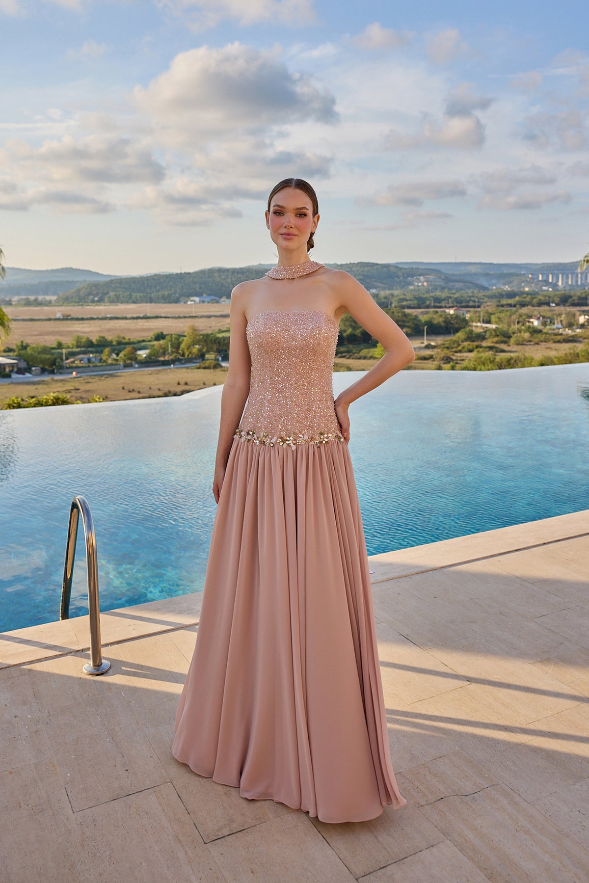Beatrice Crystal Embellished Strapless Evening Gown
