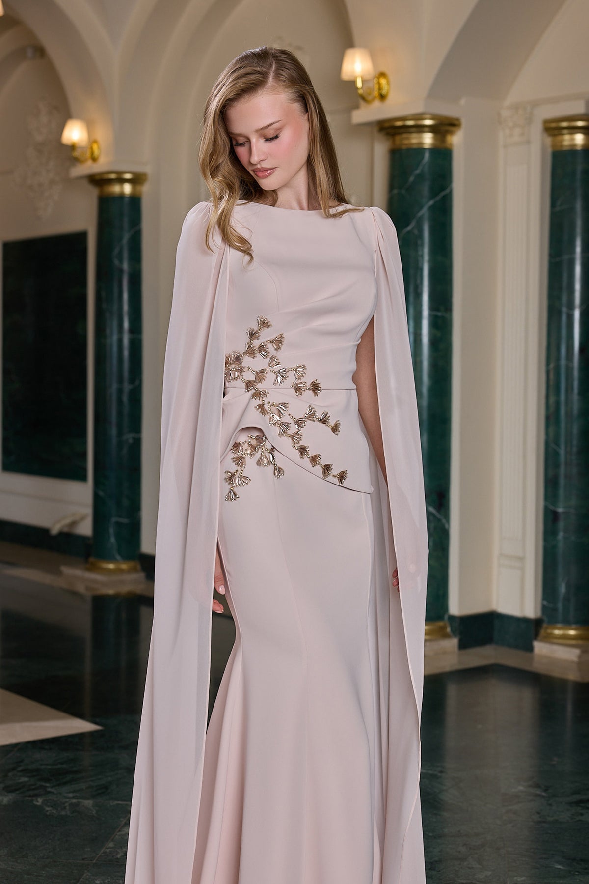 Delara Floral Embellished Cape Evening Gown