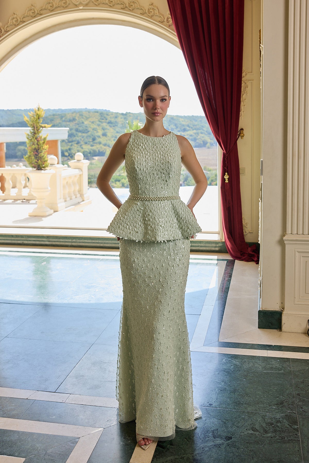Margaux Embellished Peplum Evening Gown