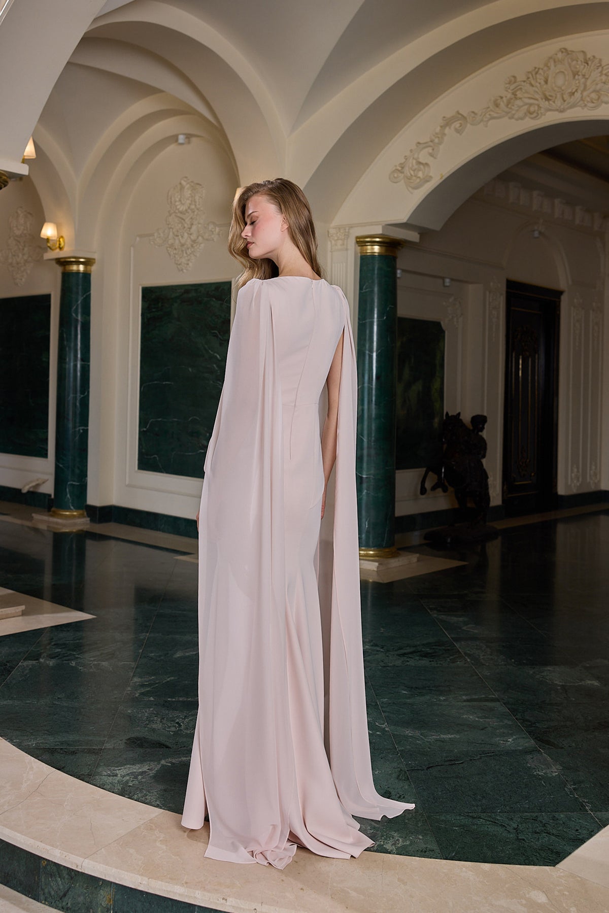 Delara Floral Embellished Cape Evening Gown