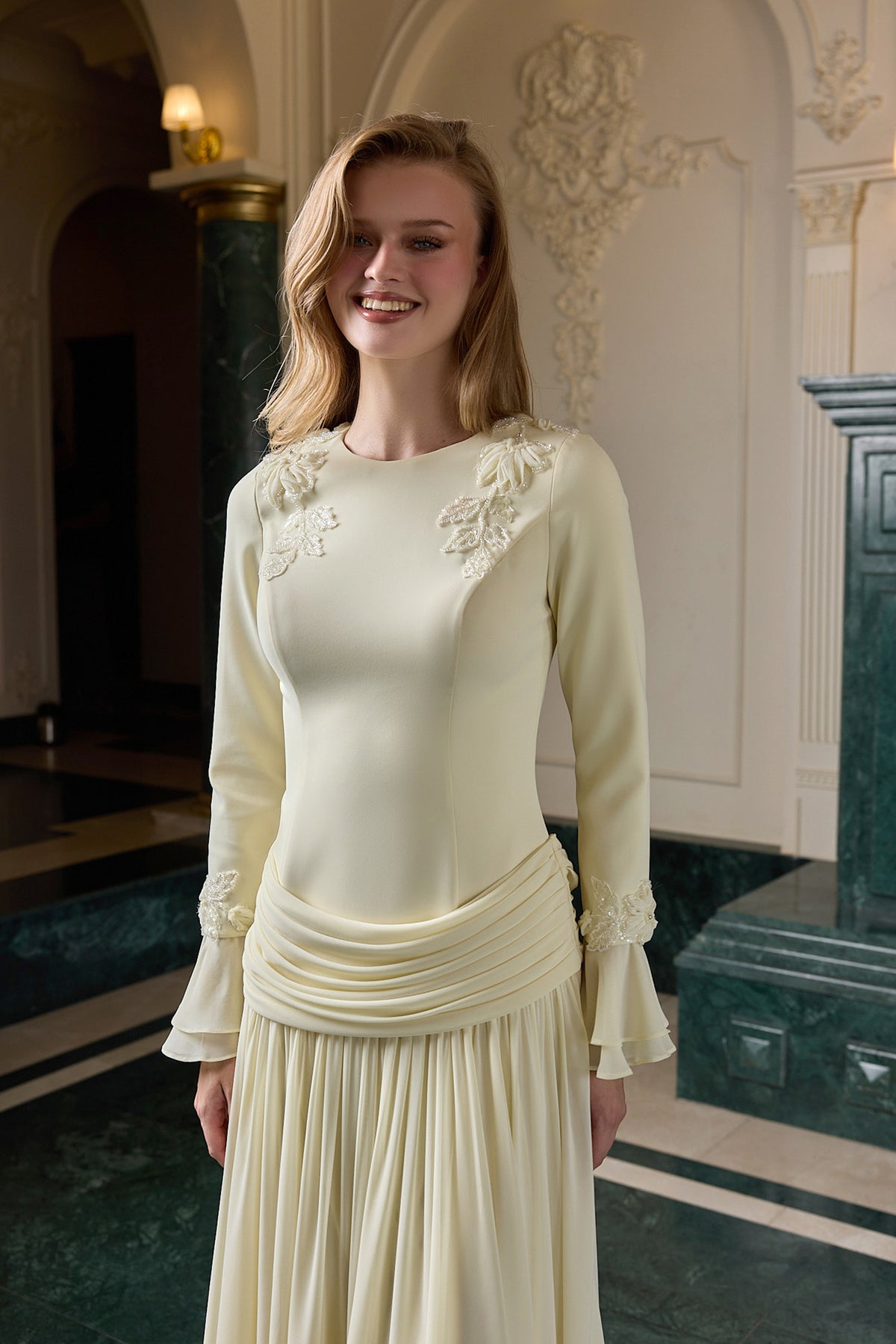Emmeline Draped Long Sleeve Evening Gown