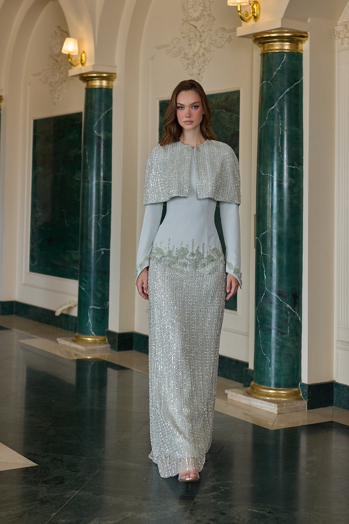 Juliana Sequin Cape Evening Gown