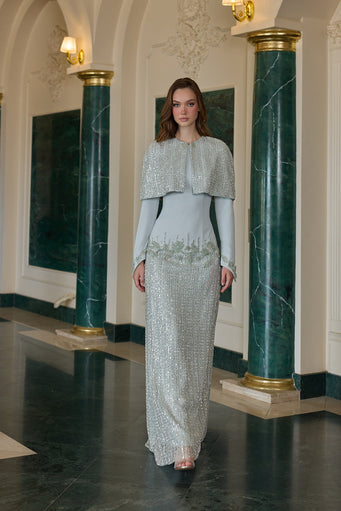 Juliana Sequin Cape Evening Gown