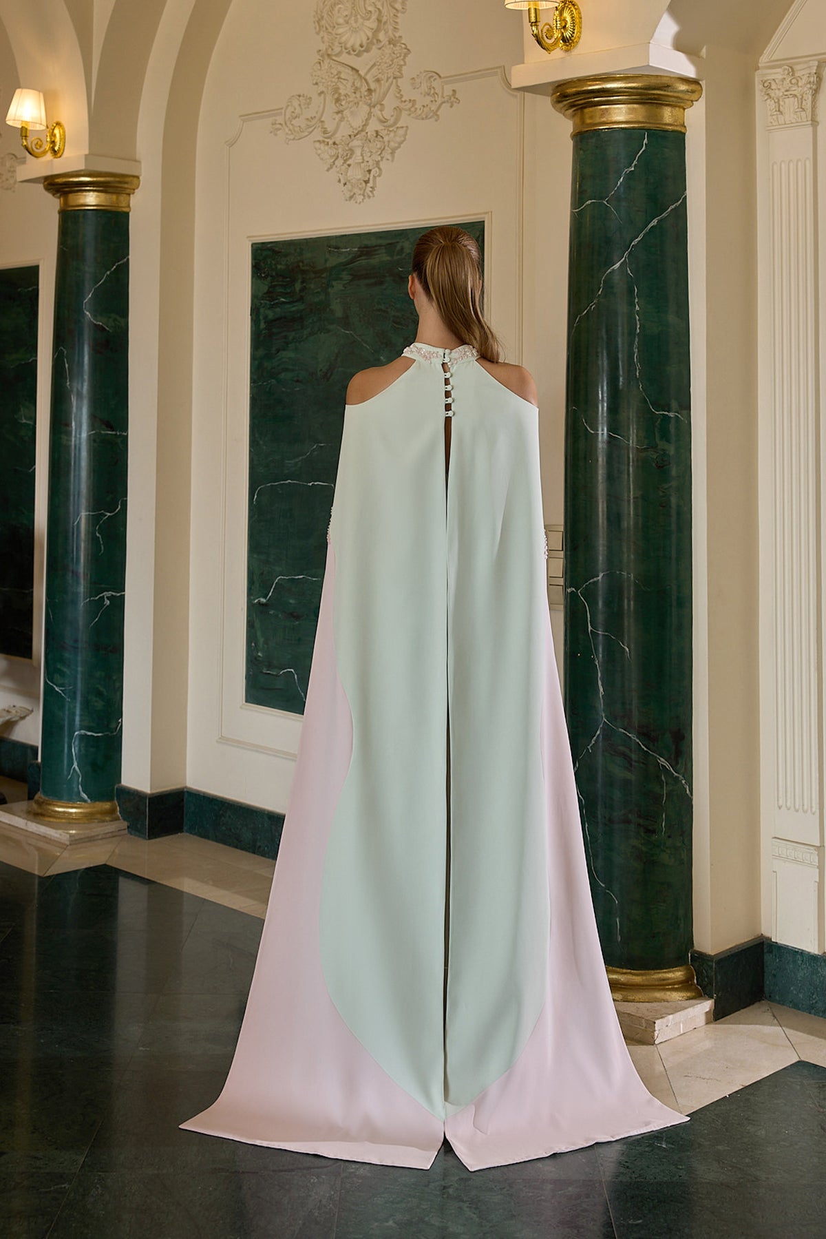 Marcel Floral Embellished Cape Evening Gown