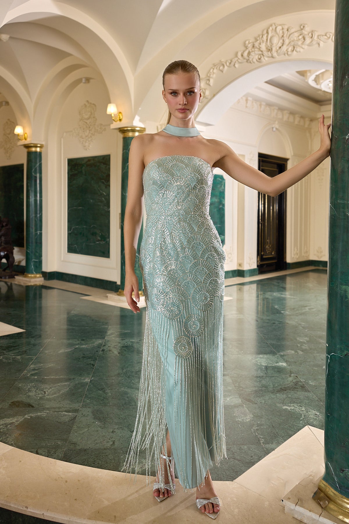 Paloma Embellished Fringe Strapless Evening Gown