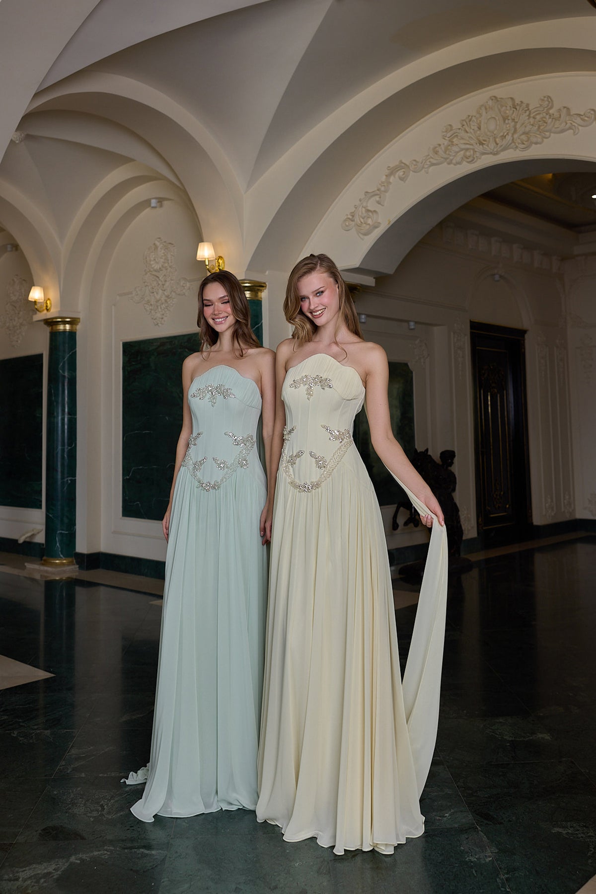 Estelle Crystal Embellished Strapless Evening Gown