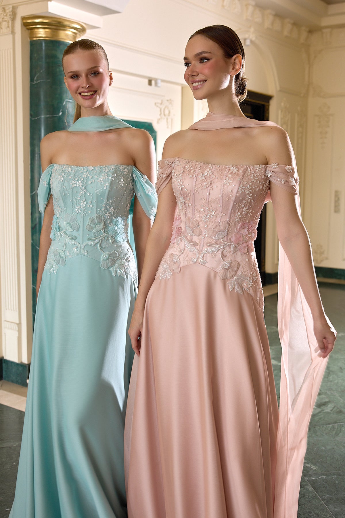 Odessa Floral Embellished Off-Shoulder Evening Gown