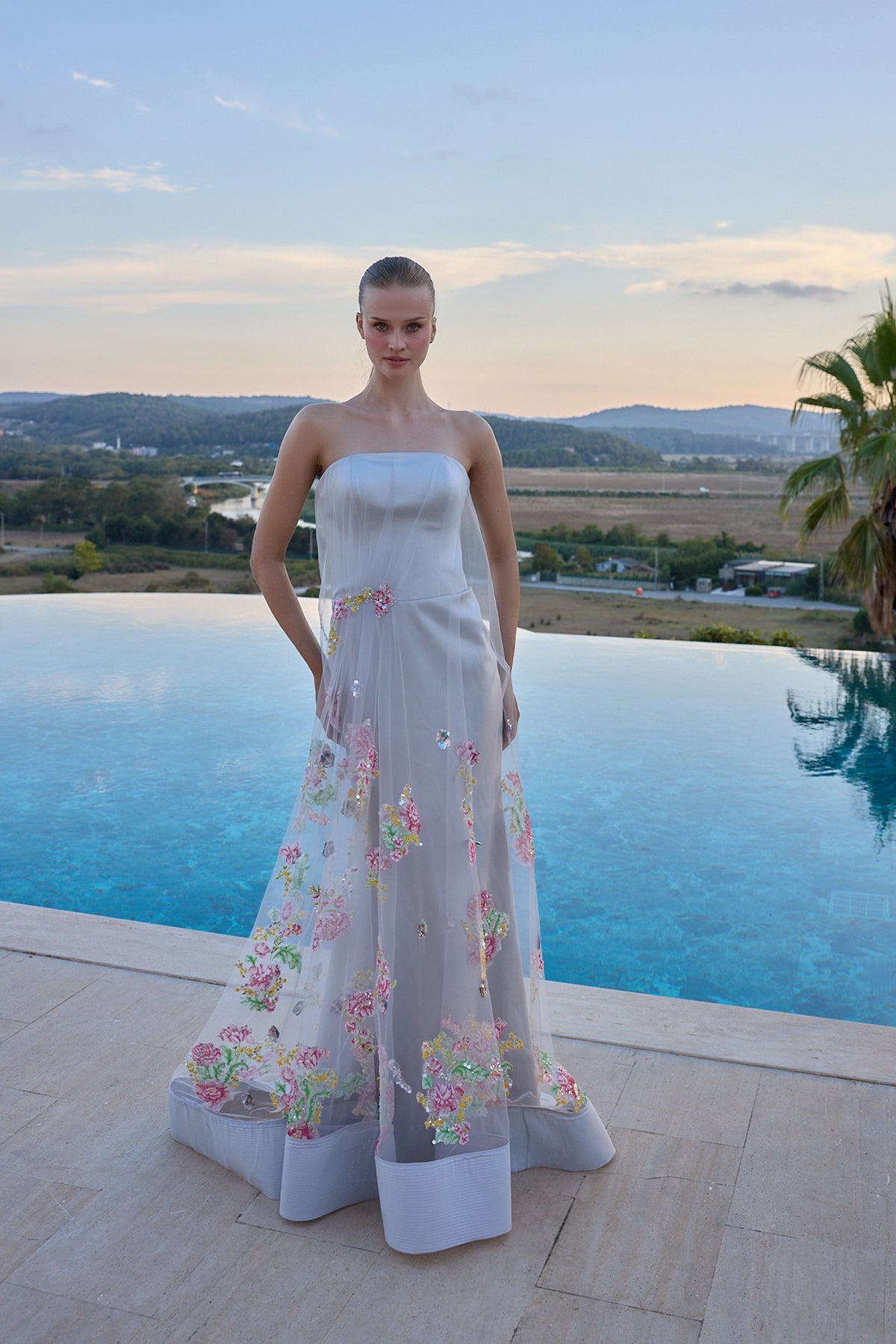 Camille Floral Embellished Strapless Evening Gown