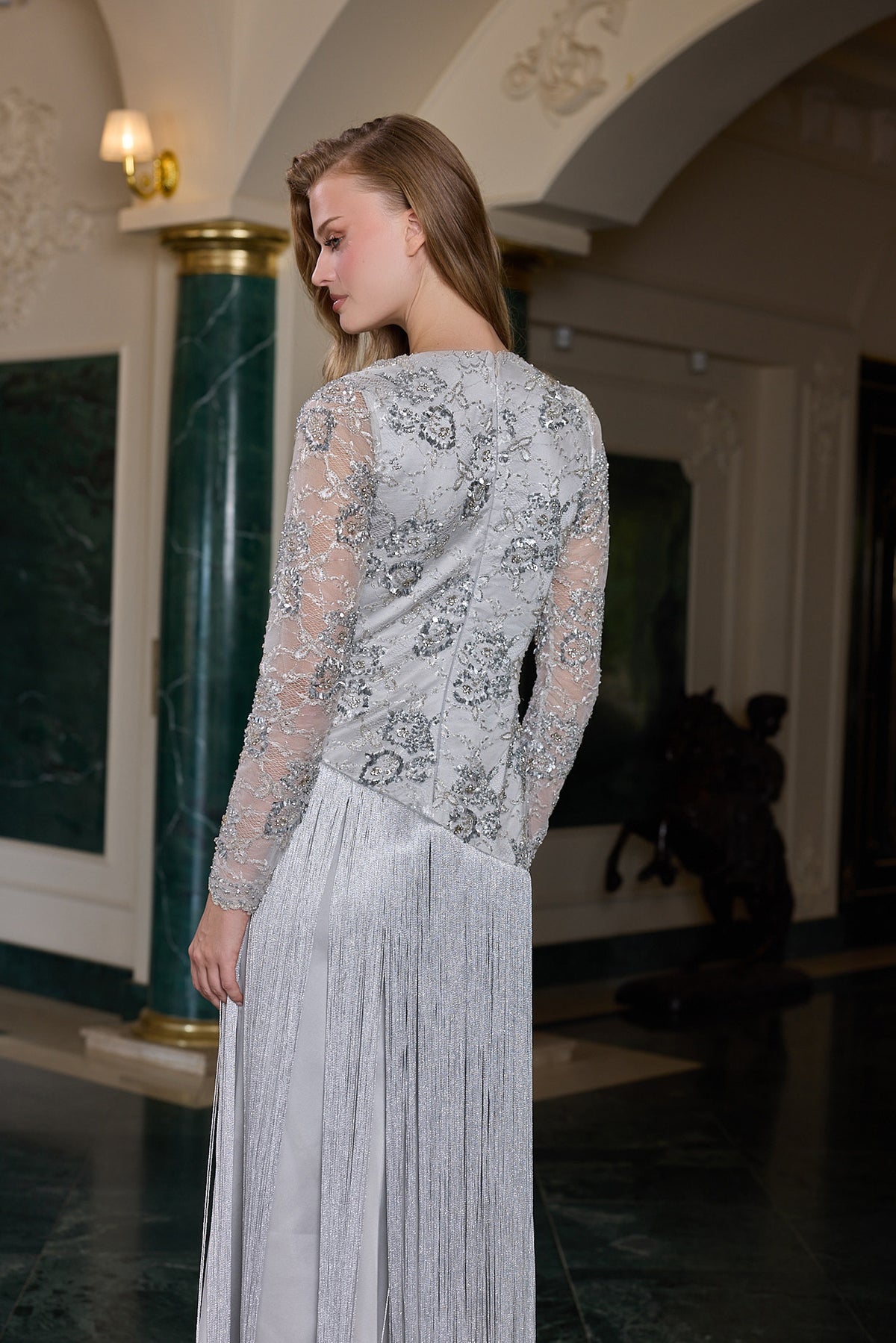 Clarisse Silver Embellished Fringe Evening Gown