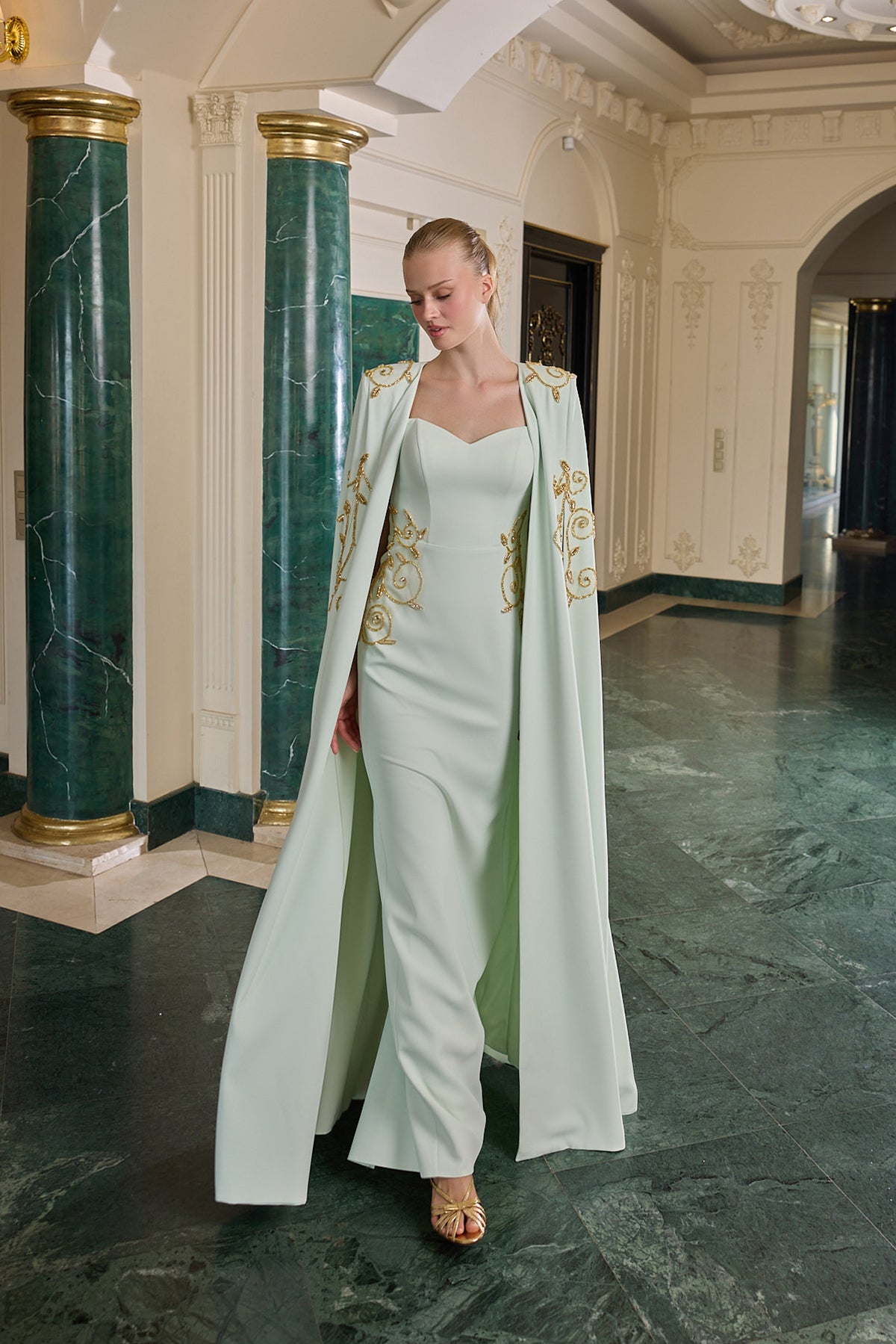Leonie Gold Embellished Cape Evening Gown
