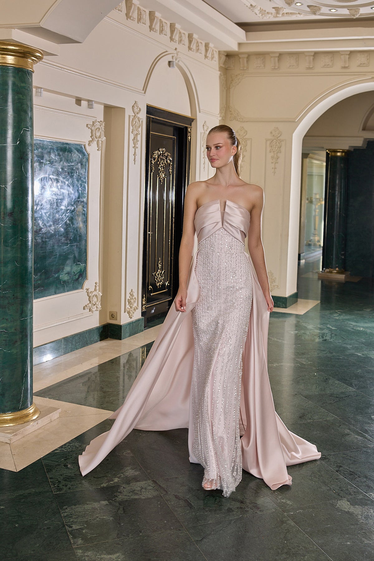 Noelle Crystal Embellished Strapless Evening Gown