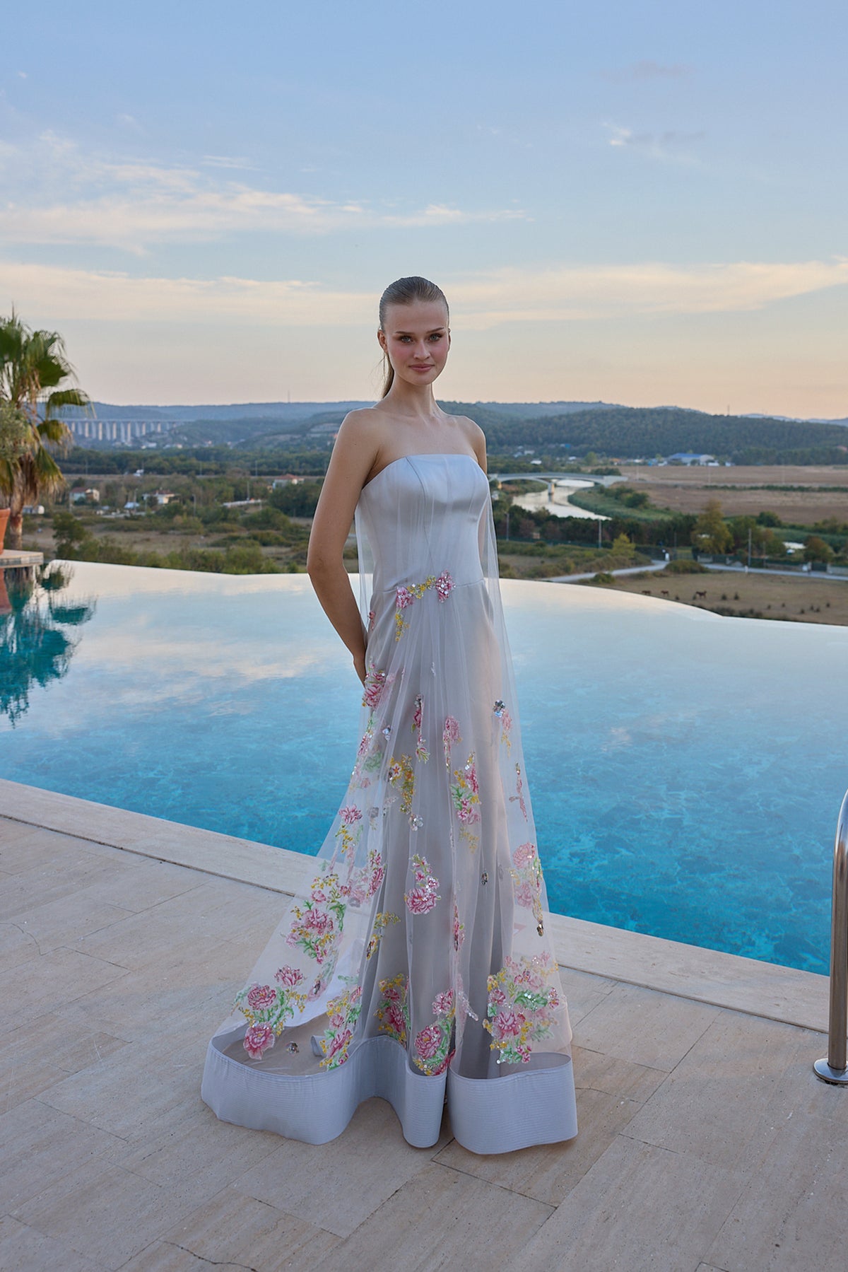 Camille Floral Embellished Strapless Evening Gown