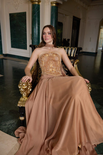 Riley Crystal Embellished Nude Evening Gown
