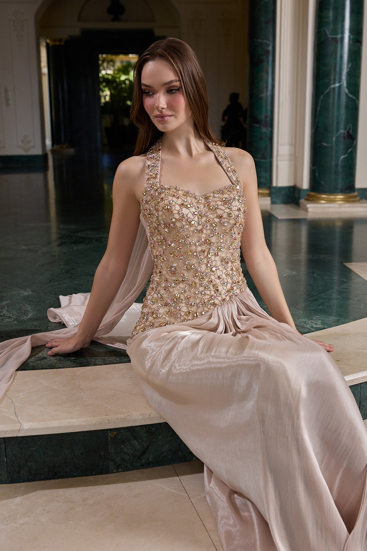 Elodie Crystal Embellished Draped Evening Gown