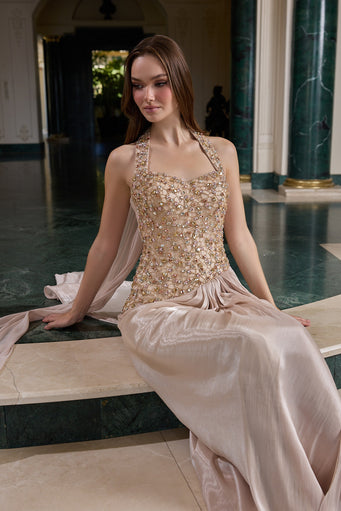 Elodie Crystal Embellished Draped Evening Gown