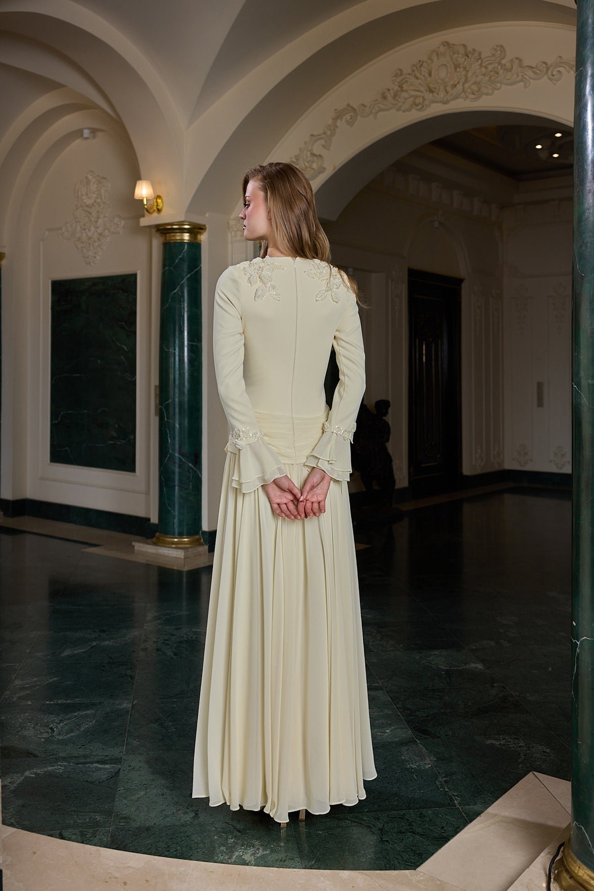 Emmeline Draped Long Sleeve Evening Gown