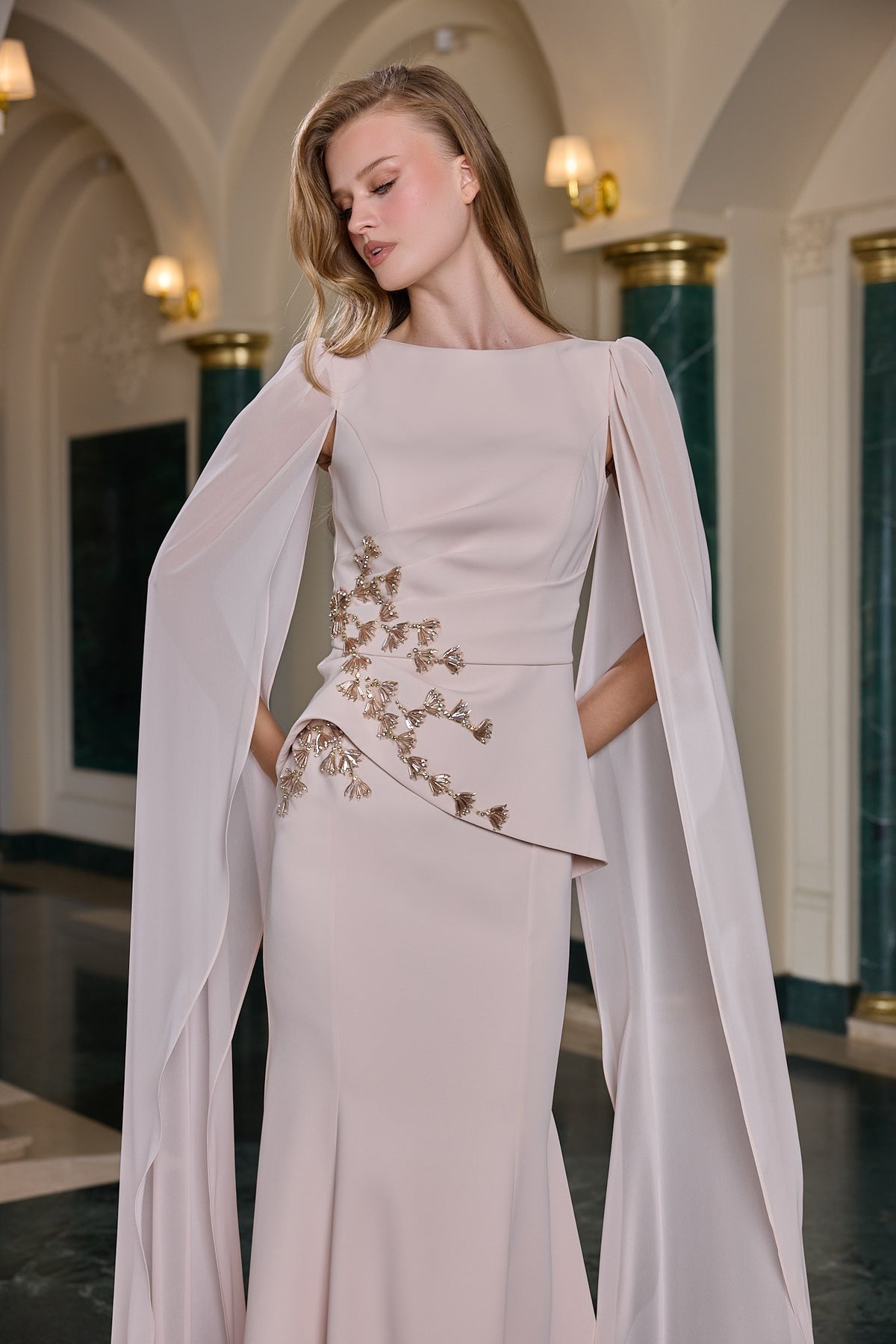 Delara Floral Embellished Cape Evening Gown