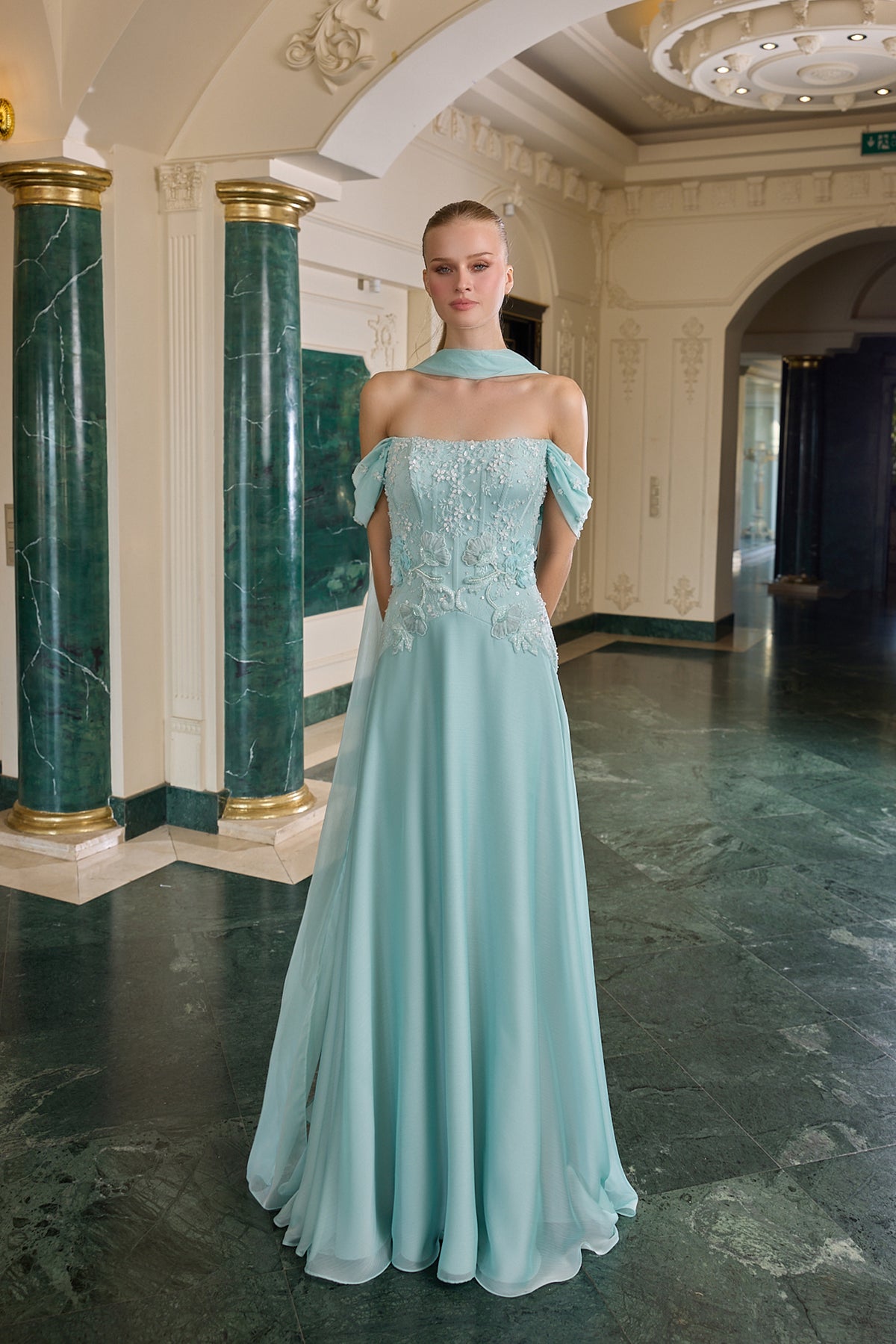 Odessa Floral Embellished Off-Shoulder Evening Gown