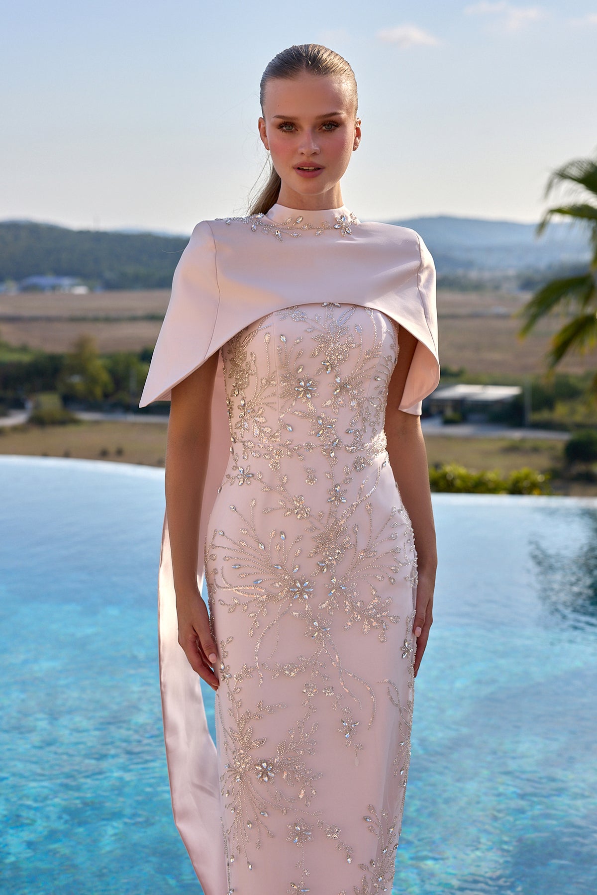 Cecelia Embellished Cape Evening Dress