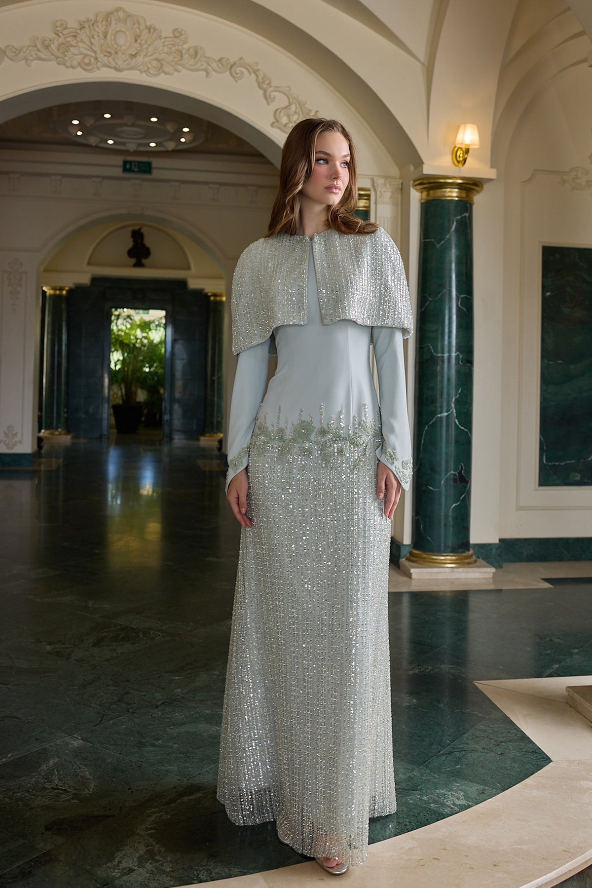 Juliana Sequin Cape Evening Gown
