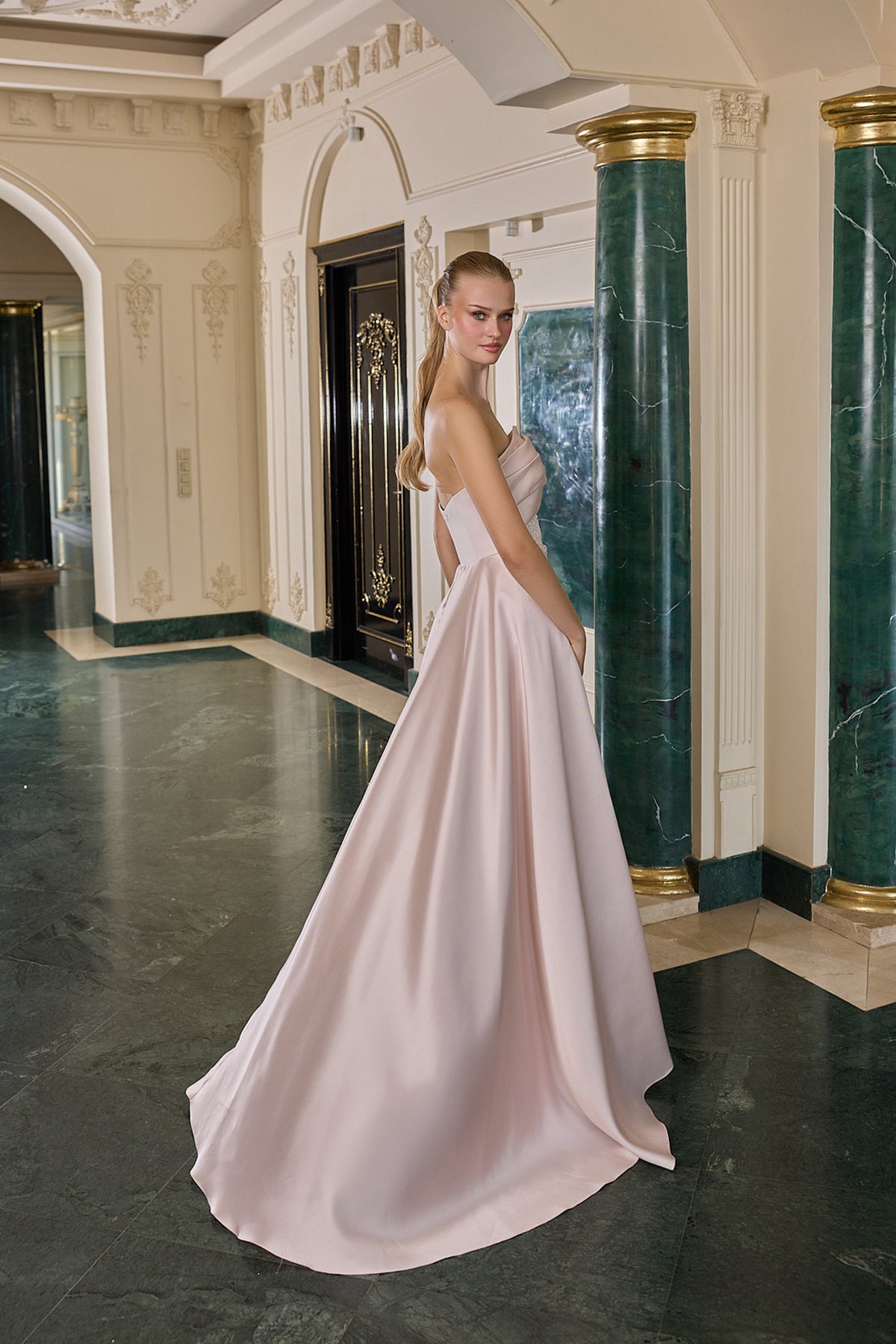 Noelle Crystal Embellished Strapless Evening Gown