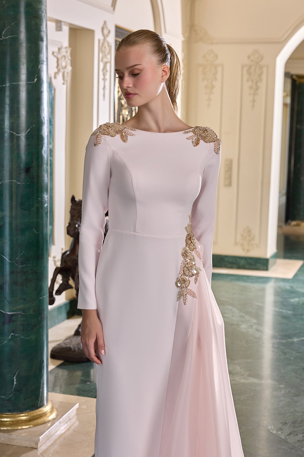 Lilou Gold Embellished Long Sleeve Evening Gown