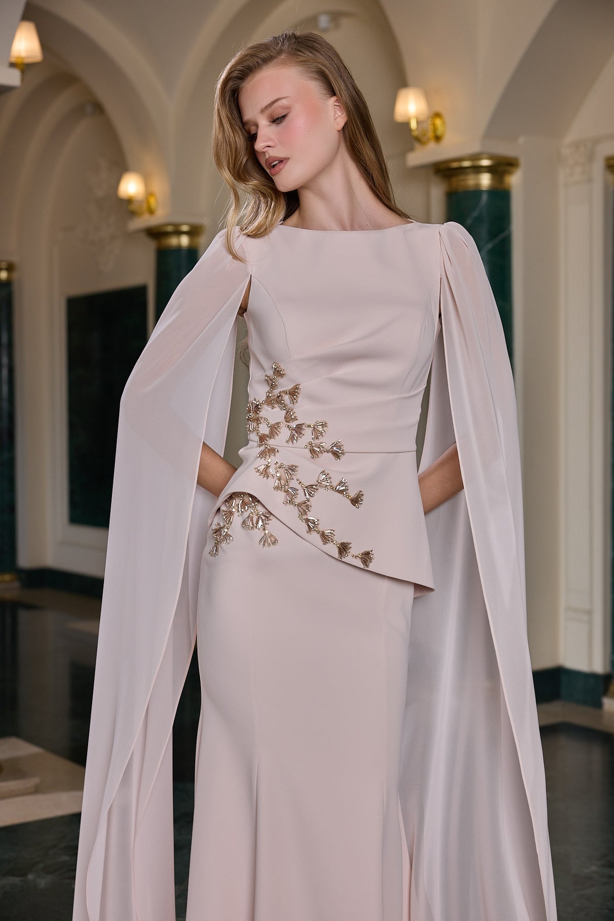 Delara Floral Embellished Cape Evening Gown