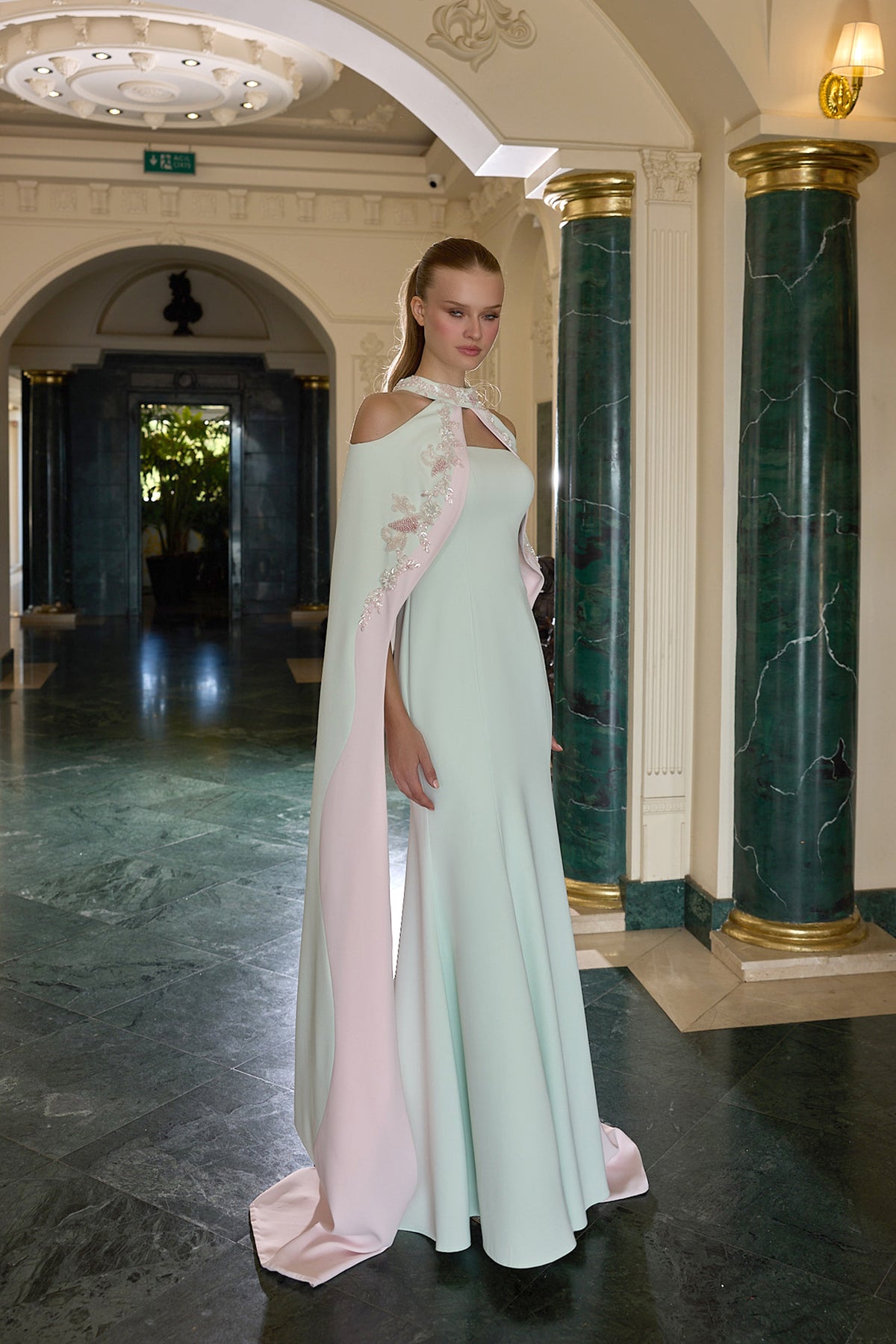 Marcel Floral Embellished Cape Evening Gown