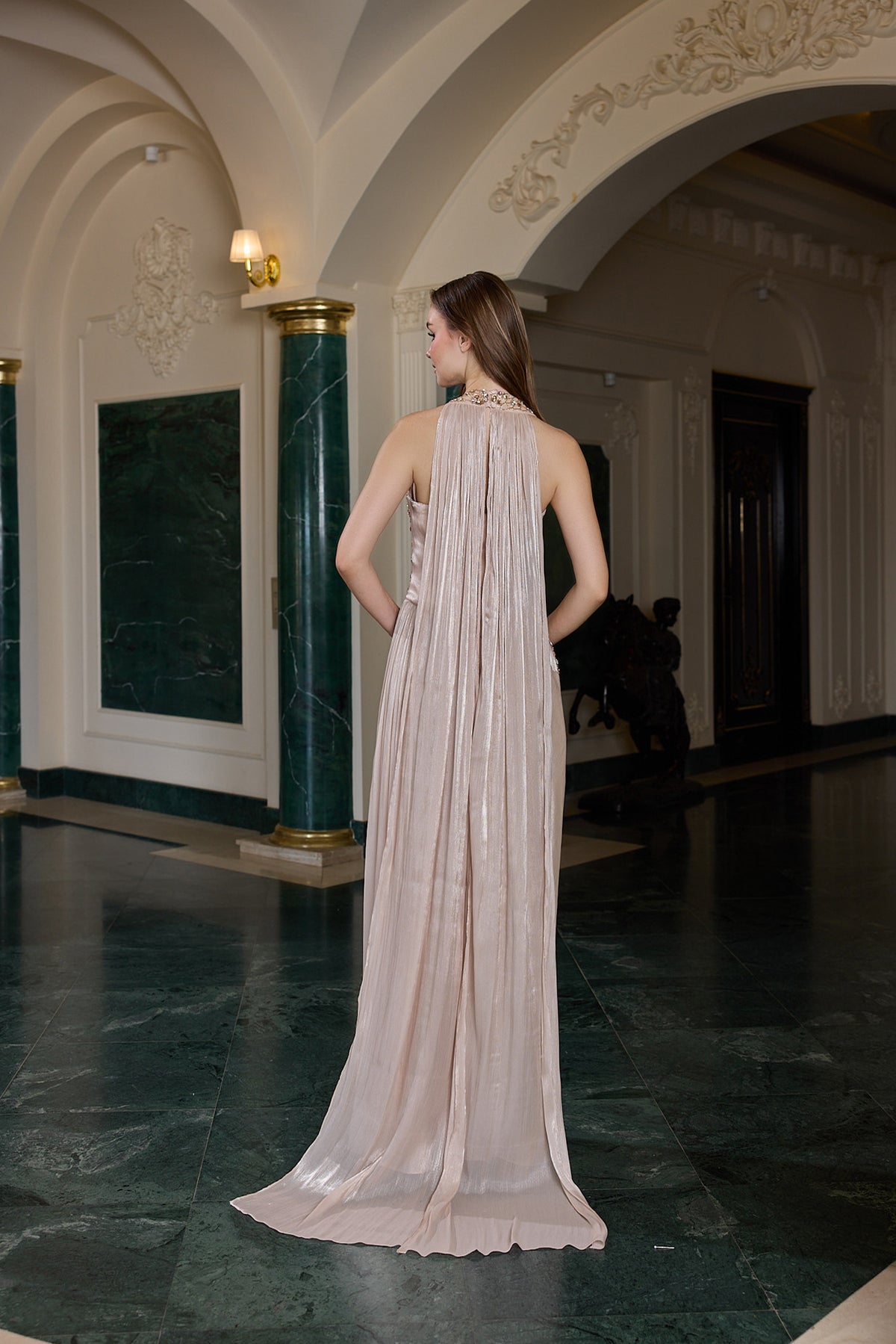 Elodie Crystal Embellished Draped Evening Gown
