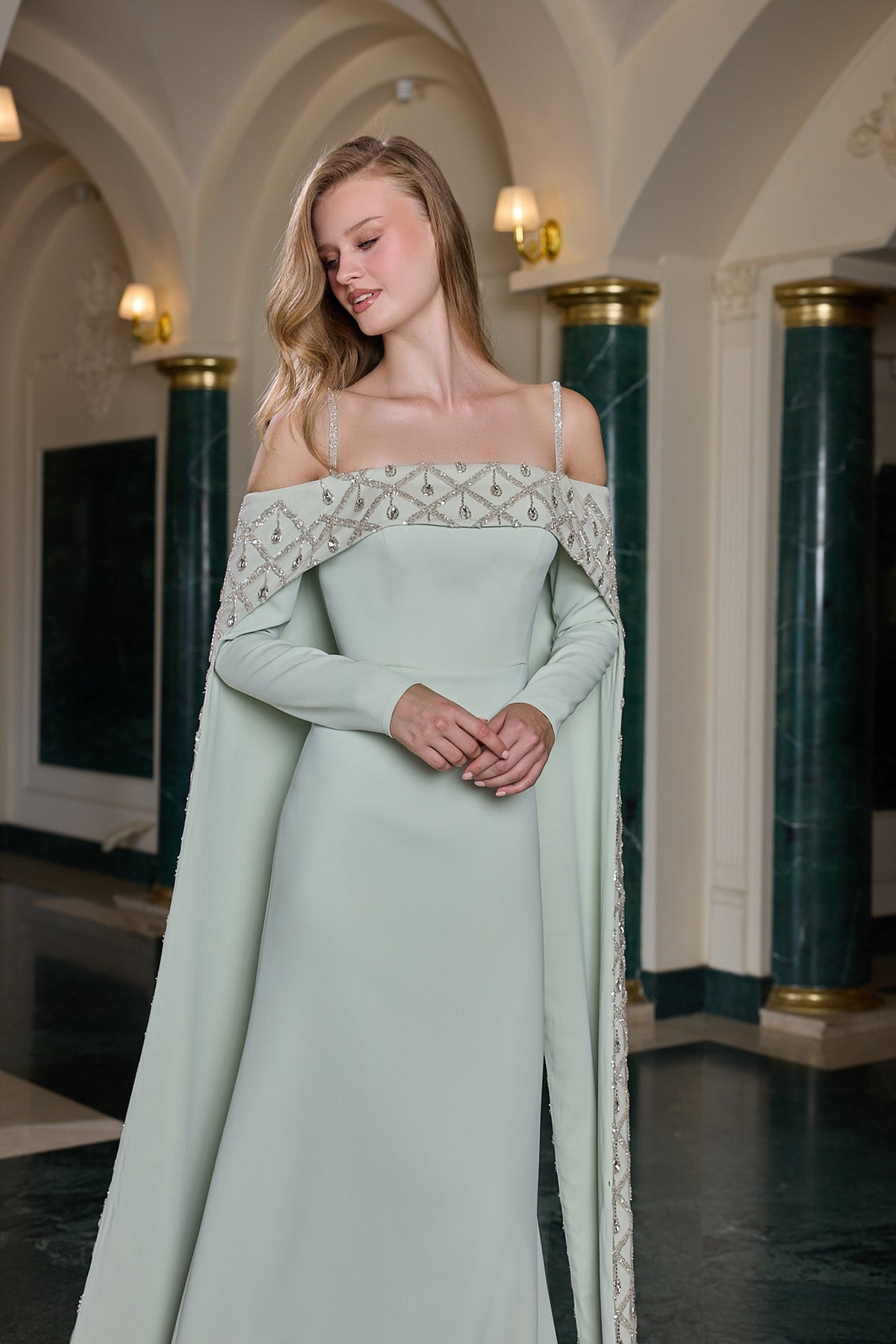 Daria Embellished Cape Sleeve Evening Gown