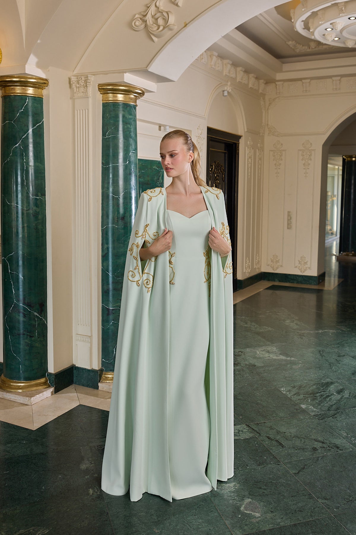 Leonie Gold Embellished Cape Evening Gown