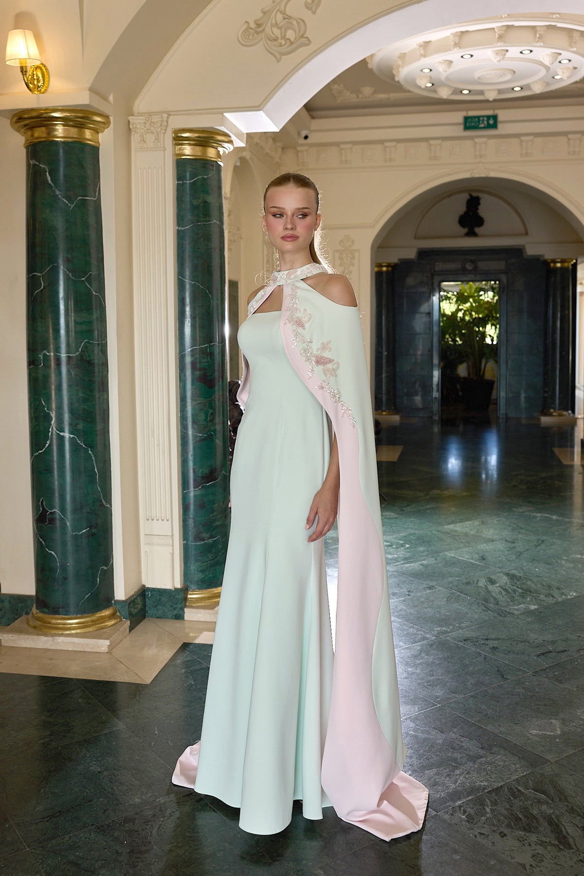 Marcel Floral Embellished Cape Evening Gown