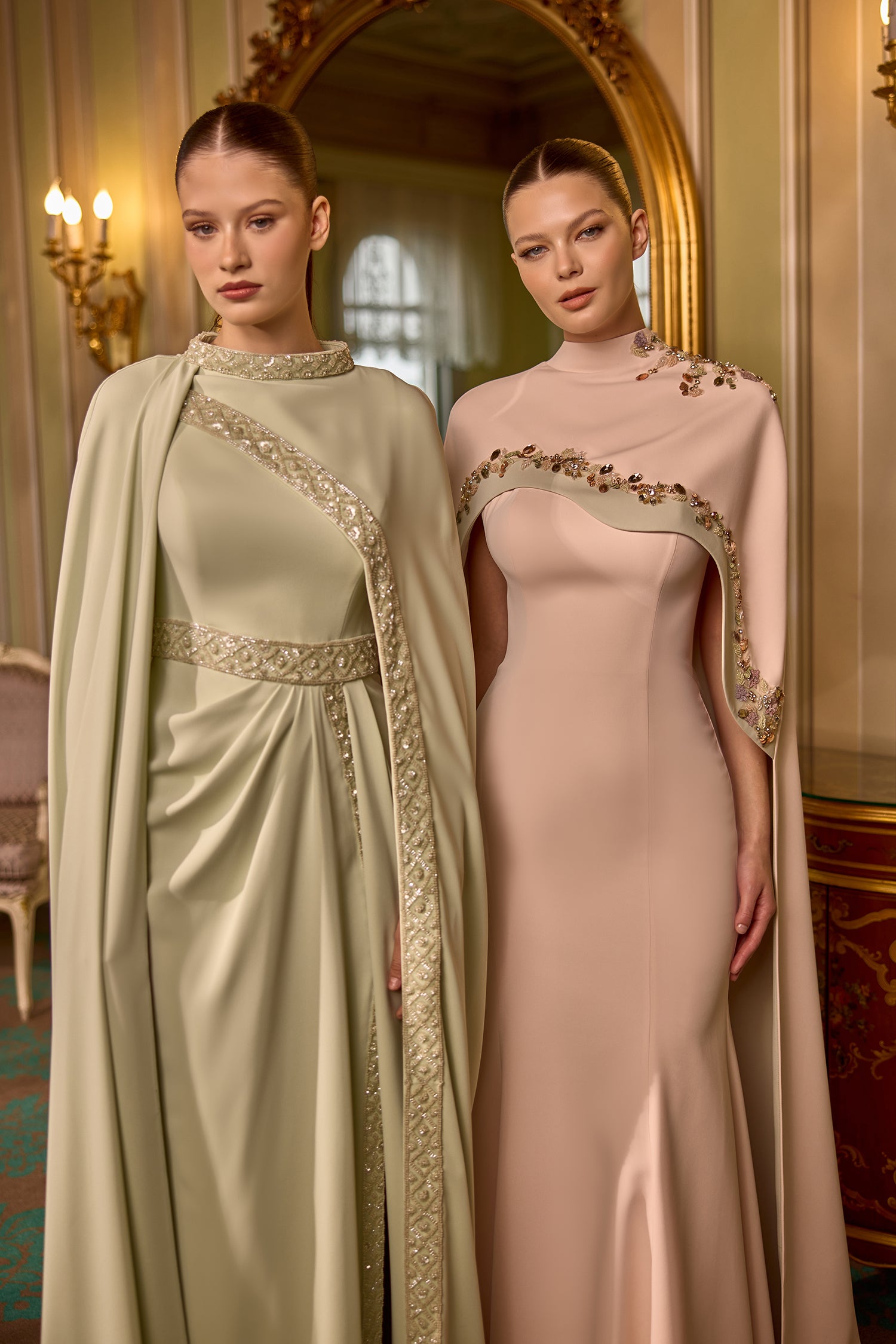 Bethany Modest Cape Sleeve Embellished Evening Gown – Soft Sage