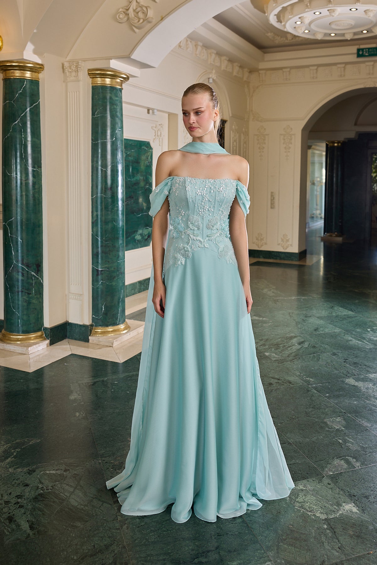 Odessa Floral Embellished Off-Shoulder Evening Gown