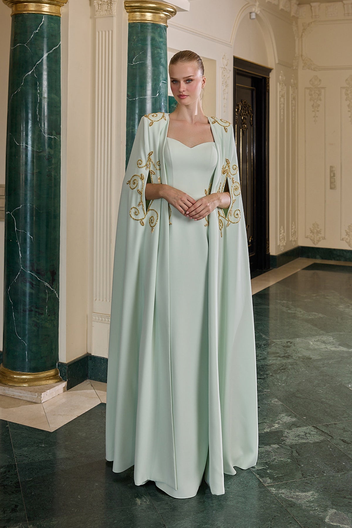 Leonie Gold Embellished Cape Evening Gown